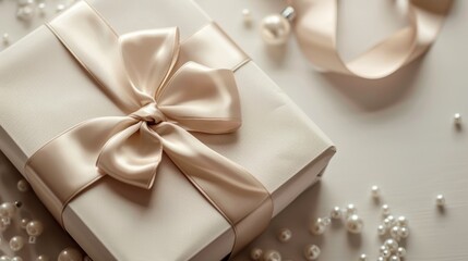 Elegant gift box with satin ribbon and decorative pearls on a soft surface