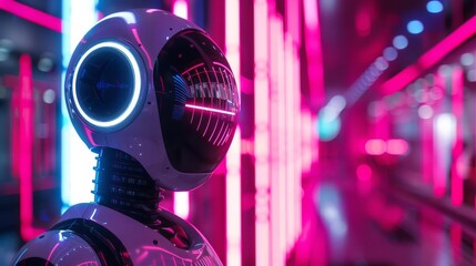 Fototapeta premium A robot assistant helping with cryptocurrency investments, cyberpunk, neon lights