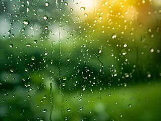 Rain droplets on a window with a blurred green garden background during a summer evening