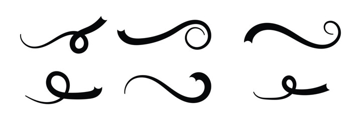 Swoosh line vector, underline swish, stroke swash swirl, curly hand drawn text calligraphic brush tail, black fireworks icon set isolated on white background. Doodle decorative illustration in eps 10.