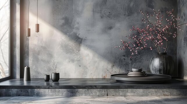 A sleek metal podium with a matte finish, industrial lighting, showcasing modern home decor