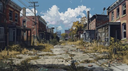 Fototapeta premium A stark depiction of a rundown neighborhood, muted colors, detailed sketch, realistic