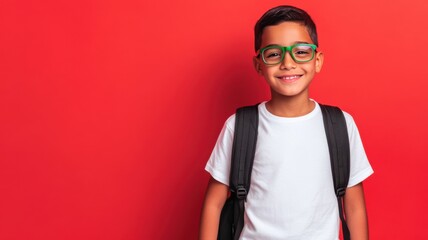Fototapeta premium Ready-for-adventure young boy with light brown skin and straight hair smiling energetically with a black backpack against a vibrant red background. Copyspace