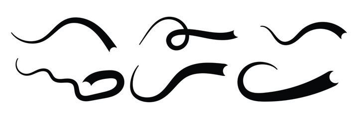 Swoosh line vector, underline swish, stroke swash swirl, curly hand drawn text calligraphic brush tail, black fireworks icon set isolated on white background. Doodle decorative illustration in eps 10.