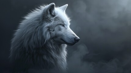 Obraz premium White wolf gracefully stands in misty forest at twilight, embodying serene wilderness