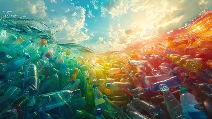 Fototapeta premium A surreal scene of a city drowning in plastic bottles, vibrant colors, dreamlike