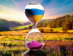 Hourglass with colorful sand on the background of the summer landscape. Concept of time passing.
