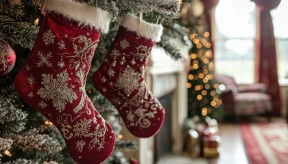 Christmas Tree Decorated with Red Stockings, Festive Holiday Tradition, Classic Christmas Decor, Traditional Christmas Tree Ornaments, Christmas Stocking Decorations, Red and White Christmas