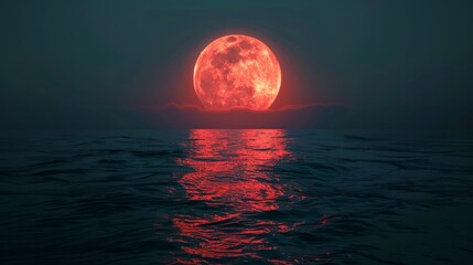 Full moon rises over calm ocean waters during twilight, casting a red glow on the surface