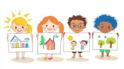 Fototapeta premium 4 children are holding drawings of their family, houses and suns in their hands. white background.