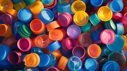 Top view of plastic containers, A pile of colorful plastic bottle caps and bottles