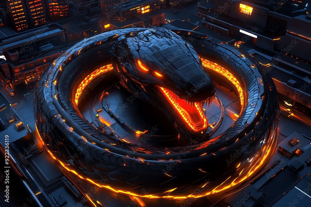 Aufkleber Futuristic robotic snake coiled with glowing orange lights in a high-tech urban setting, creating a sci-fi atmosphere at nighttime.