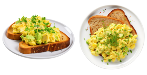 Delicious plate of scrambled eggs and avocado on toast side and top view, isolated on a transparent background ,PNG 