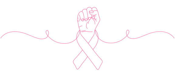 clenched fist and ribbon breast cancer logo line art style. element vector breast cancer