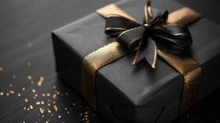 Elegant black gift box with gold ribbon and sparkles on a dark background