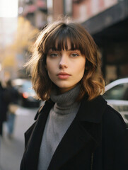 Obraz premium Portrait of fashionable young woman in the black winter coat in the city street