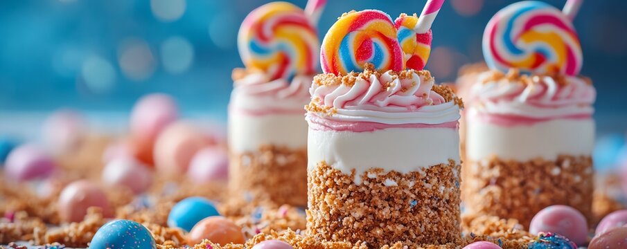 Layered mousse parfait topped with strudel crumbs and garnished with colorful lollipops, mousse strudel lollipops, playful dessert layering