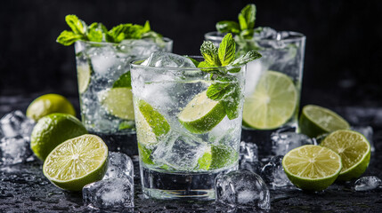 Refreshing Mojito Cocktails with Lime, Mint, and Ice on Dark Background