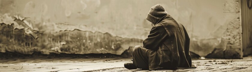 An elderly person in wornout clothes, sitting on a sidewalk, sepia tone, vintage style