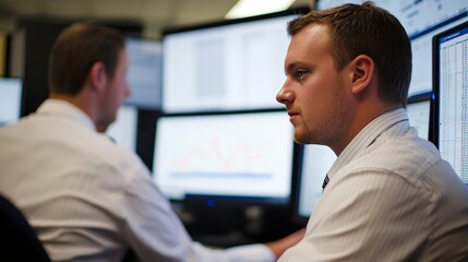 Fototapeta premium Analyzing Financial Data: Expert Financial Analyst Reviewing Reports and Charts on Dual Monitors in Modern Office Setting
