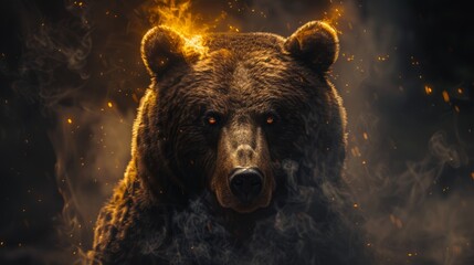 Fototapeta premium Bear illuminated by flames in a dark forest during an intense moment of wildlife observation