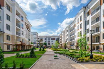 Obraz premium Modern residential apartment complex with landscaped gardens and pathways