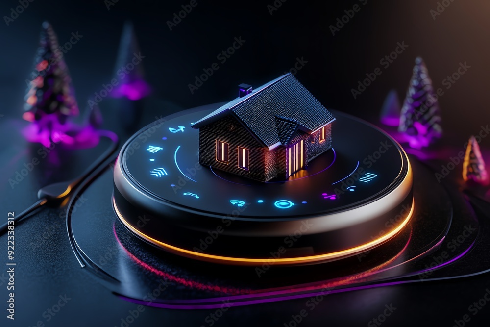 Aufkleber futuristic smart home concept with a miniature house model and digital interface, surrounded by neon