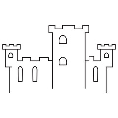 The castle is medieval with towers. Sand castle.Outline vector illustration.Isolated on white background.