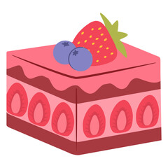 Slice of strawberry cake. Strawberry shortcake and whipped cream.A piece of cake for happy birthday.Sweet dessert.Fresh berries.Bakery creamy topping.Vector flat illustration.