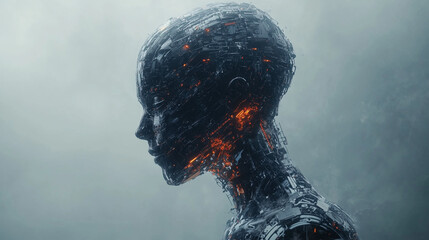 Molten Mind: A hauntingly beautiful cyborg, forged from dark metal and glowing embers, stares into the misty unknown. 