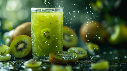 Refreshing kiwi smoothie with fresh slices on a textured surface