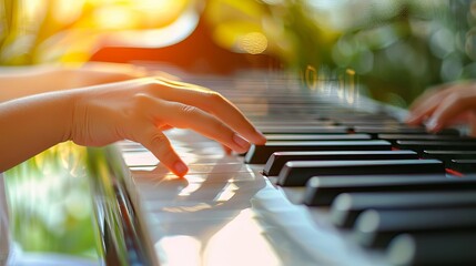 Minimalist child playing the piano, single key in focus, white background