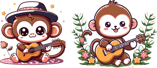 Cute Monkey Playing Guitar Cartoon Graphic