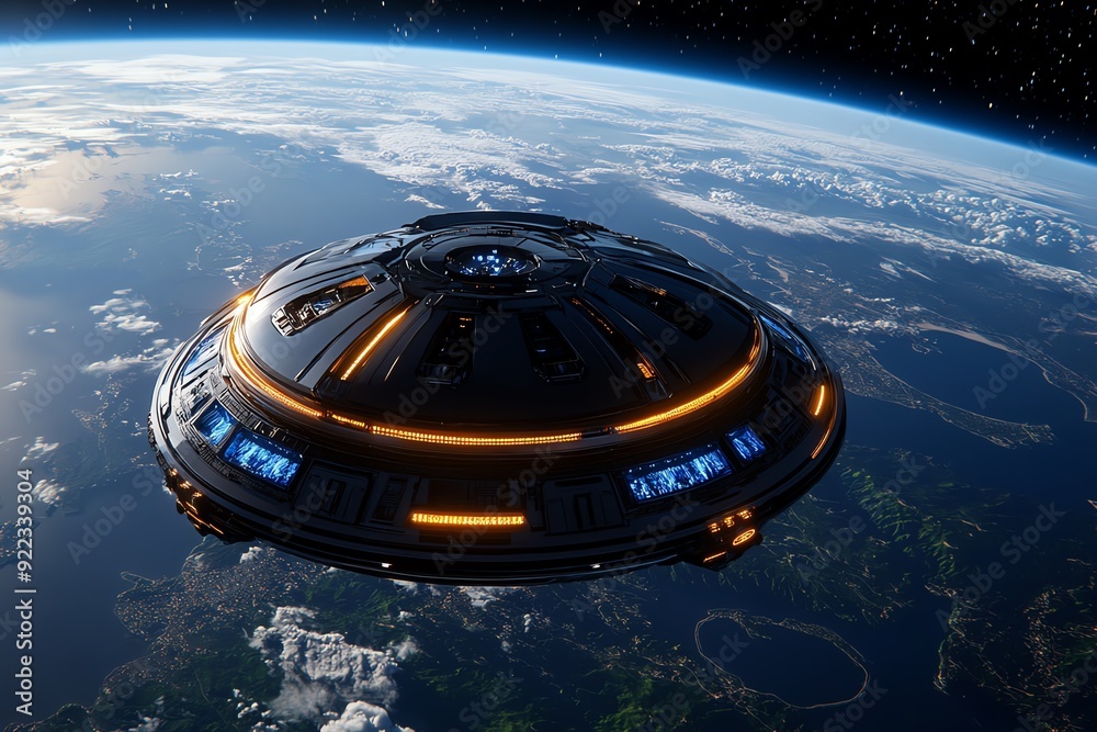 Poster futuristic spacecraft hovers above earth in space, offering a captivating view of our planet and the