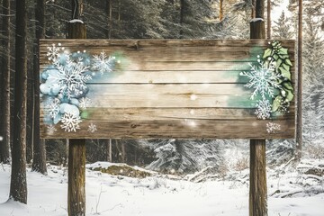 A rustic wooden sign with wintery decorations stands in a snowy forest. The sign is blank, perfect for adding your own message.