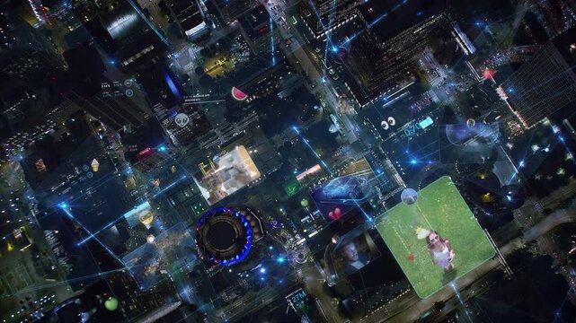
Aerial Overhead view of Los Angeles cityscape at Night with Connections, Emoji and Several Screens. People using Technology. Social Network Application Platform. Influencers. AR. CA, United States.