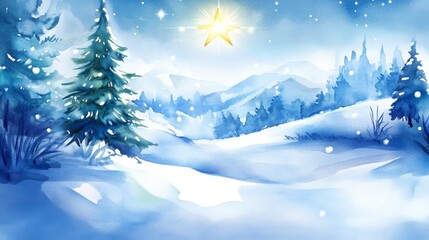 A serene winter scene with snow-covered hills, tall evergreen trees and a bright star shining in the sky.