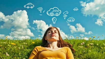 A woman lying on a grassy field, looking up at thought bubbles depicting her dreams of a car, a home, money, and family, with a wide banner format and plenty of copy space
