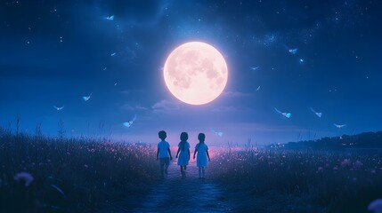 Fototapeta premium Children Silhouetted Under a Luminous Moonlit Sky Amid a Mystical Field at Twilight