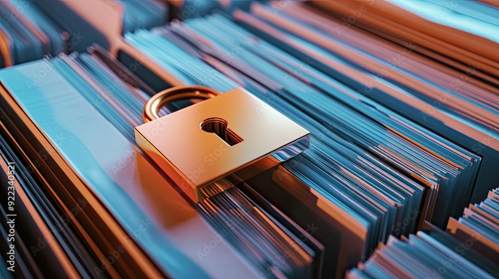 Poster A close-up of a golden lock placed on a stack of documents, symbolizing security and data protection in digital age.