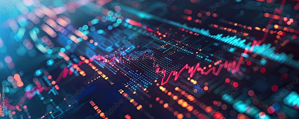 Poster colorful digital graph depicting data trends and statistics with vibrant visual effects, ideal for t