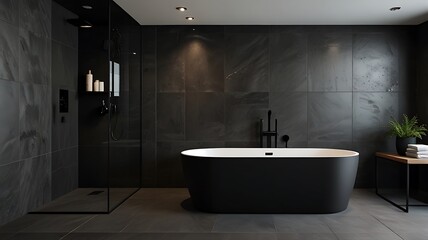 Modern bathroom interior design with matte black bath