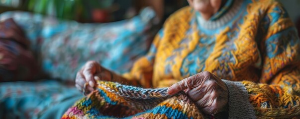 Obraz premium Minimalist elderly person knitting, single knitting needle, natural light