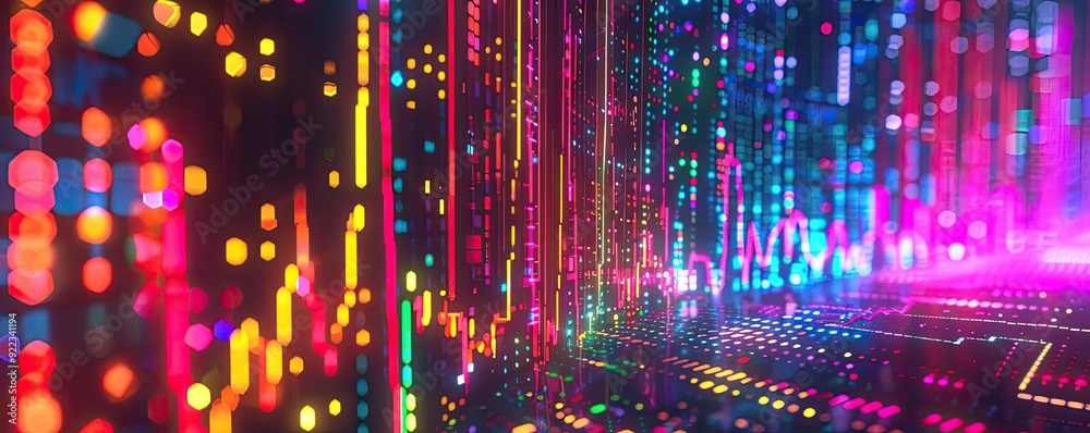 Poster vibrant abstract background featuring colorful light trails and glowing dots. ideal for technology a