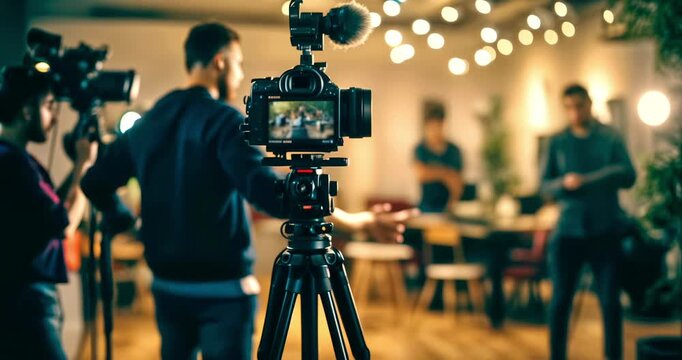 Behind-the-Scenes Film Set. Film Crew Captures a Scene: Multiple Cameras and Crew Members at Work on a Professional Film Set.