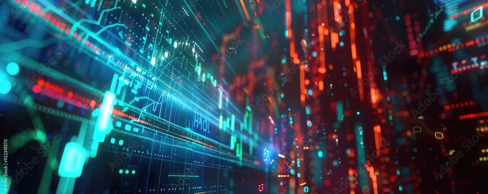 Poster Futuristic data visualization with vibrant lights, showcasing a digital landscape of color and energy in motion.