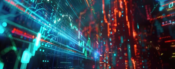 Obraz premium Futuristic data visualization with vibrant lights, showcasing a digital landscape of color and energy in motion.