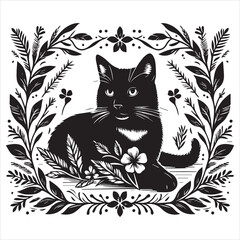 A cat and a plant in an illustrated frame  silhouette vector white background
