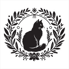 A cat and a plant in an illustrated frame  silhouette vector white background
