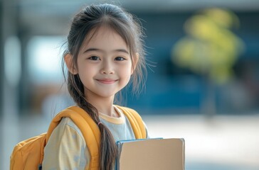 Cute little asian girl with backpack and notebook going to kindergarten. First day of school concept. 